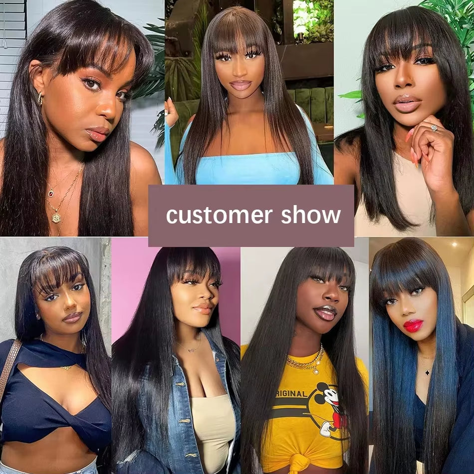 Straight Human Hair Wigs with Bang Full Machine Made Wigs 30 34 Inch Natural Color Wig 3X1 Lace Front Remy Human Hair Wigs