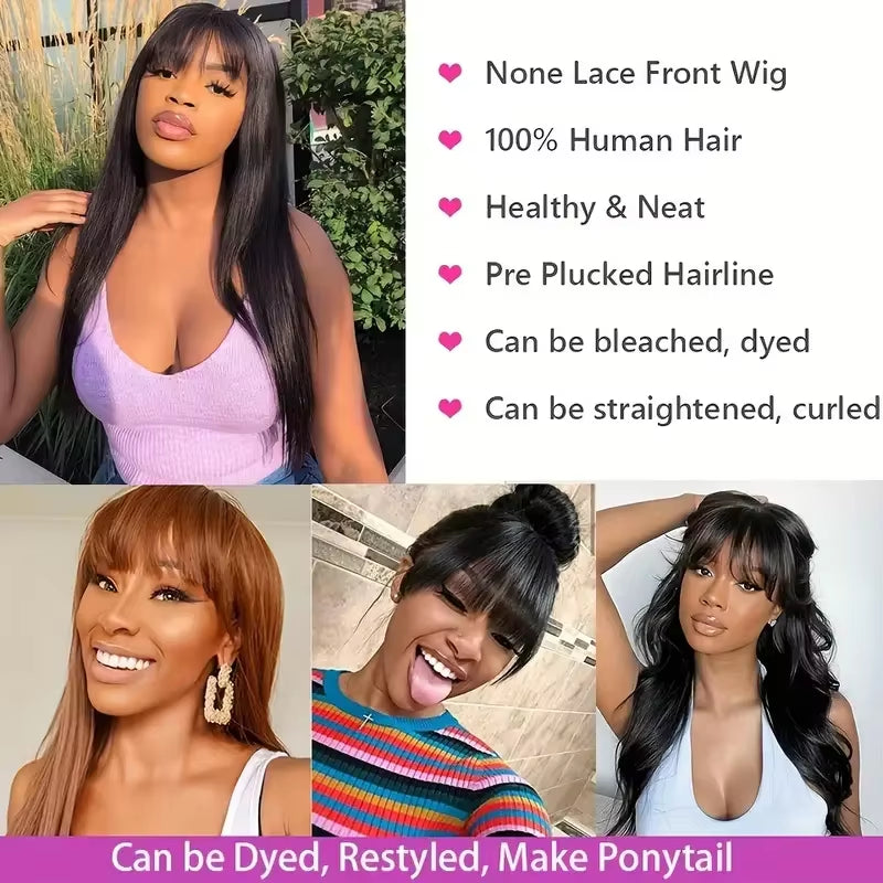 Straight Human Hair Wigs with Bang Full Machine Made Wigs 30 34 Inch Natural Color Wig 3X1 Lace Front Remy Human Hair Wigs