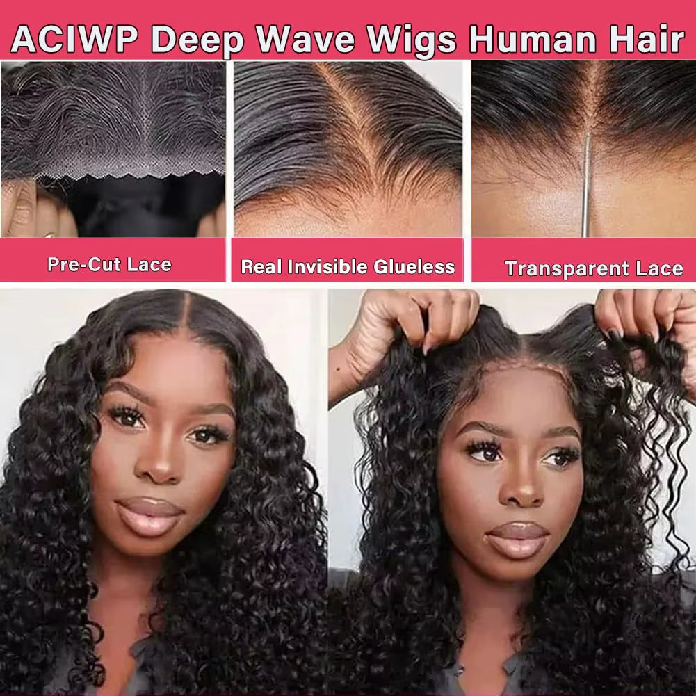 Glueless Wigs Human Hair Pre Plucked Pre Cut Wear and Go Deep Wave Lace Front Wigs Human Hair 5X5 Closure Wigs for Black Women