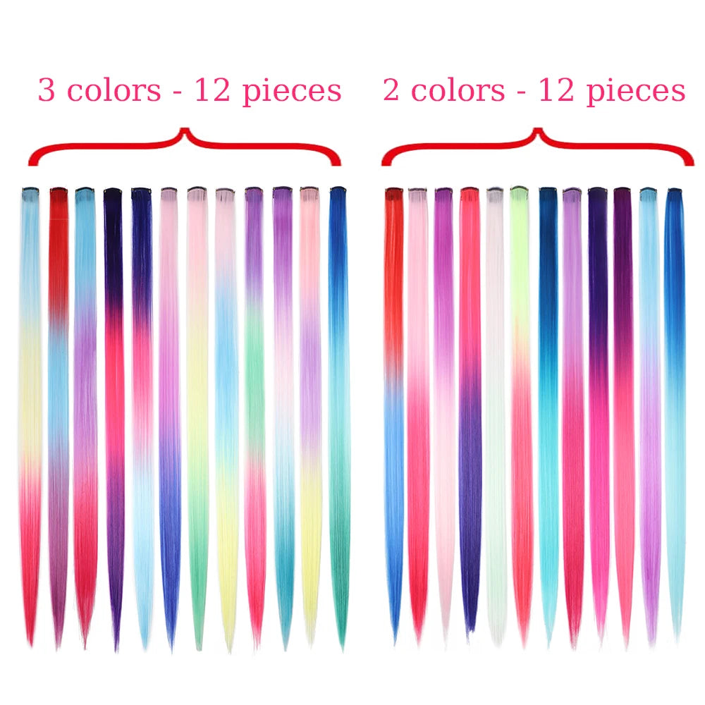 20 Inch Patchwork 3 Color Synthetic Single Clip Rainbow Color Hair Extensions 24 Color Hair Extensions for Girls Holiday Gifts