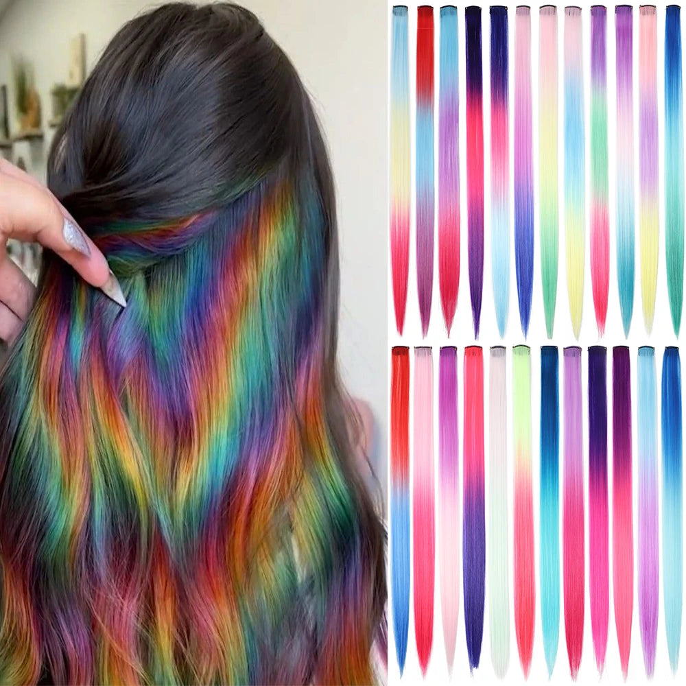 20 Inch Patchwork 3 Color Synthetic Single Clip Rainbow Color Hair Extensions 24 Color Hair Extensions for Girls Holiday Gifts