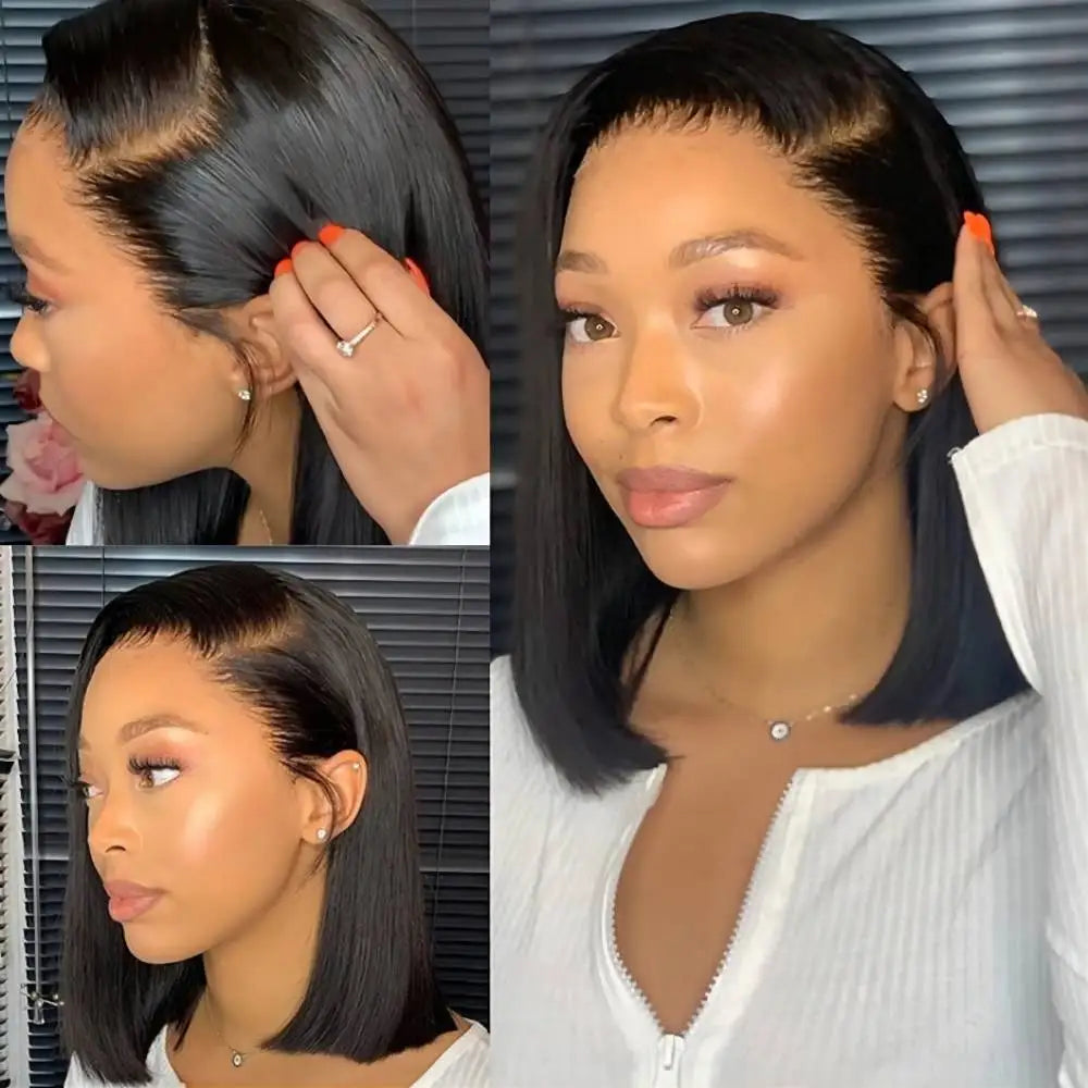 220% Density Bob Wigs Straight 100% Human Hair Lace Front Wigs 13X4 Bob Brazilian Remy Hair Pre-Plucked Lace Front Wigs 16 Inch