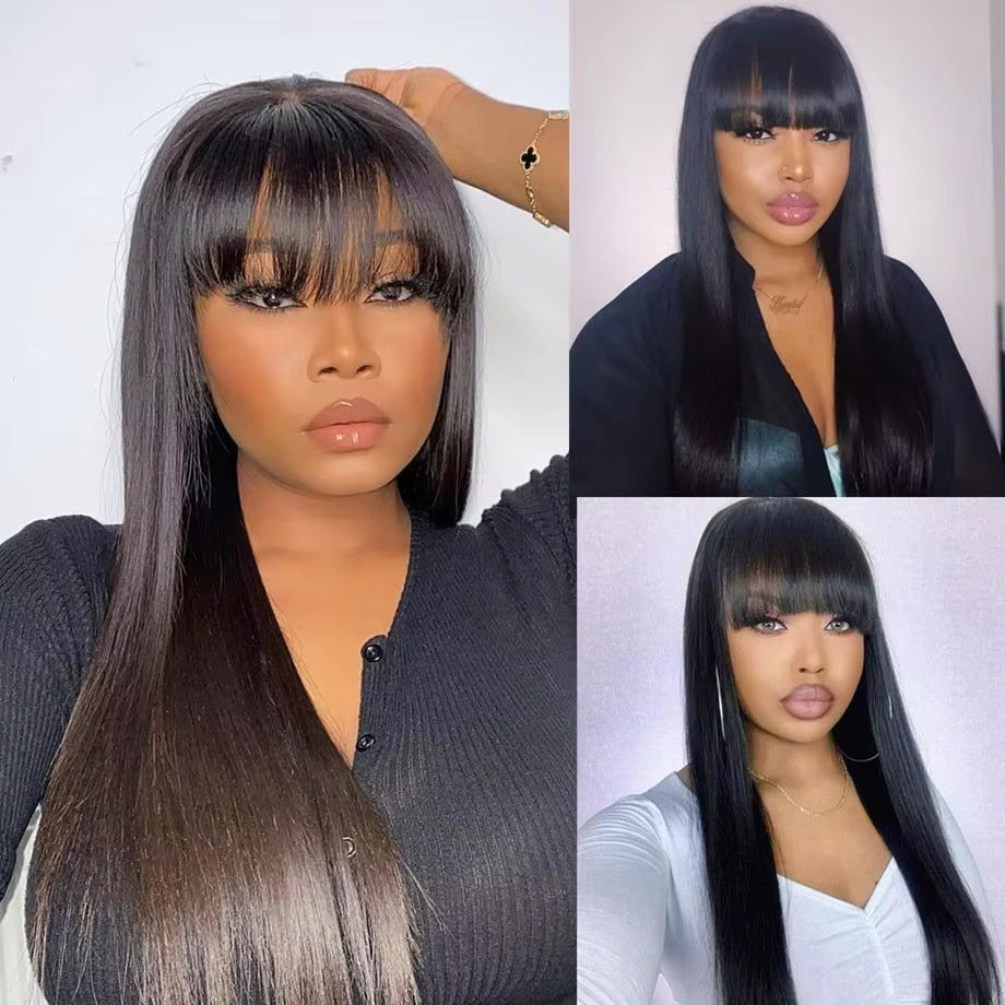 Straight Human Hair Wigs with Bang Full Machine Made Wigs 30 34 Inch Natural Color Wig 3X1 Lace Front Remy Human Hair Wigs