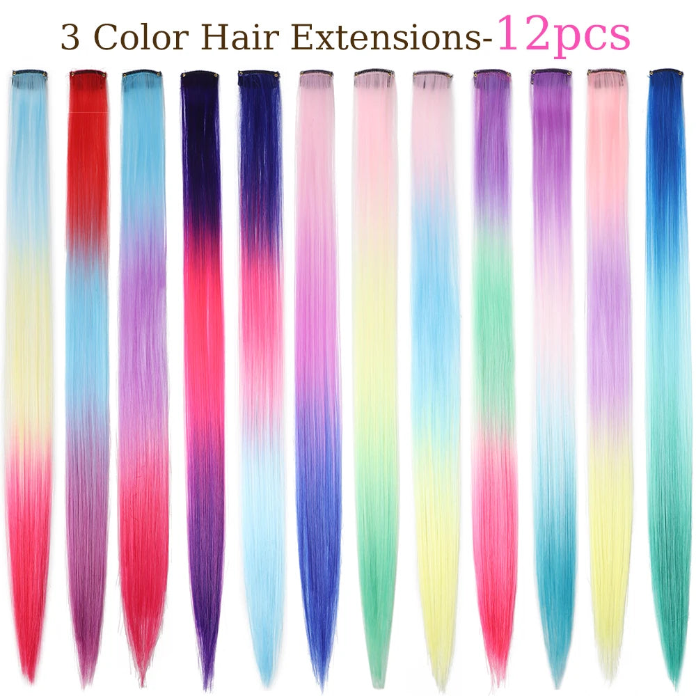 20 Inch Patchwork 3 Color Synthetic Single Clip Rainbow Color Hair Extensions 24 Color Hair Extensions for Girls Holiday Gifts