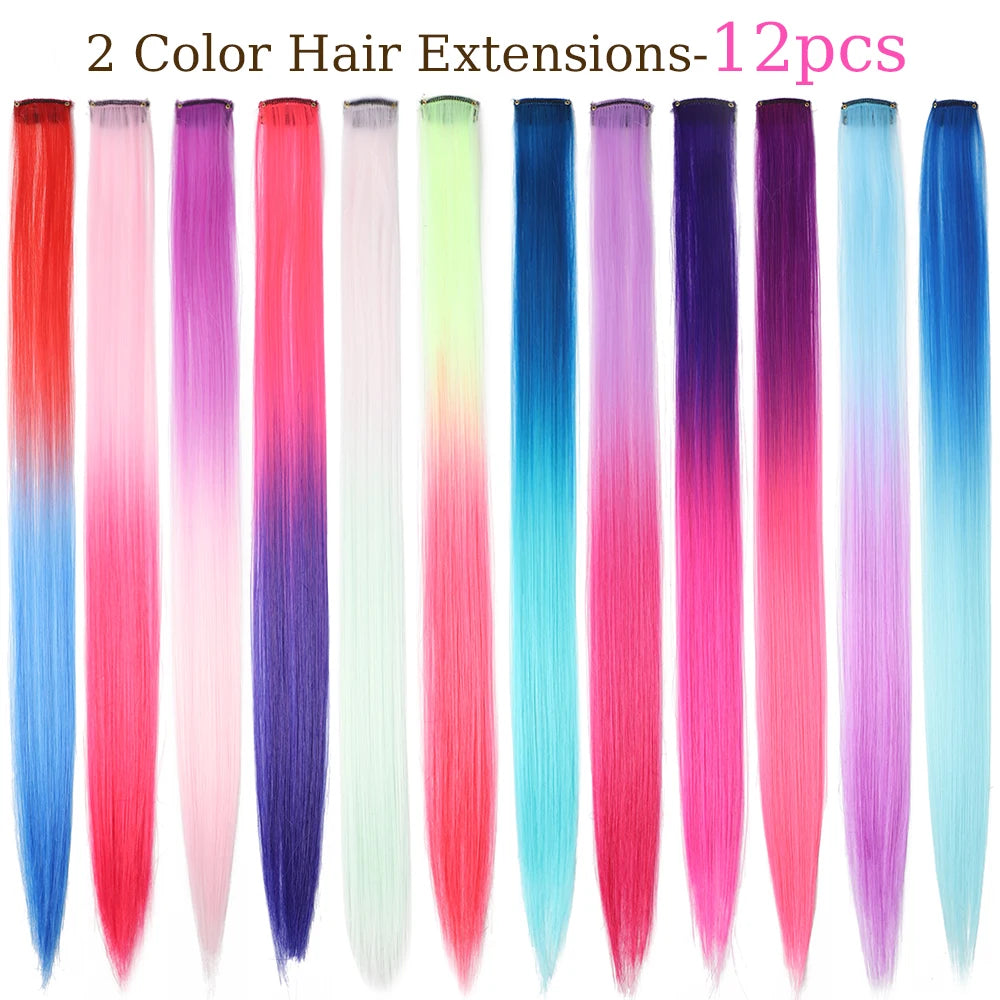 20 Inch Patchwork 3 Color Synthetic Single Clip Rainbow Color Hair Extensions 24 Color Hair Extensions for Girls Holiday Gifts