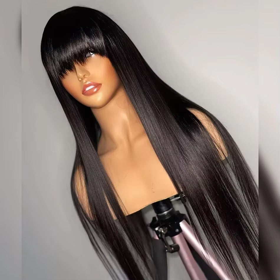 Straight Human Hair Wigs with Bang Full Machine Made Wigs 30 34 Inch Natural Color Wig 3X1 Lace Front Remy Human Hair Wigs