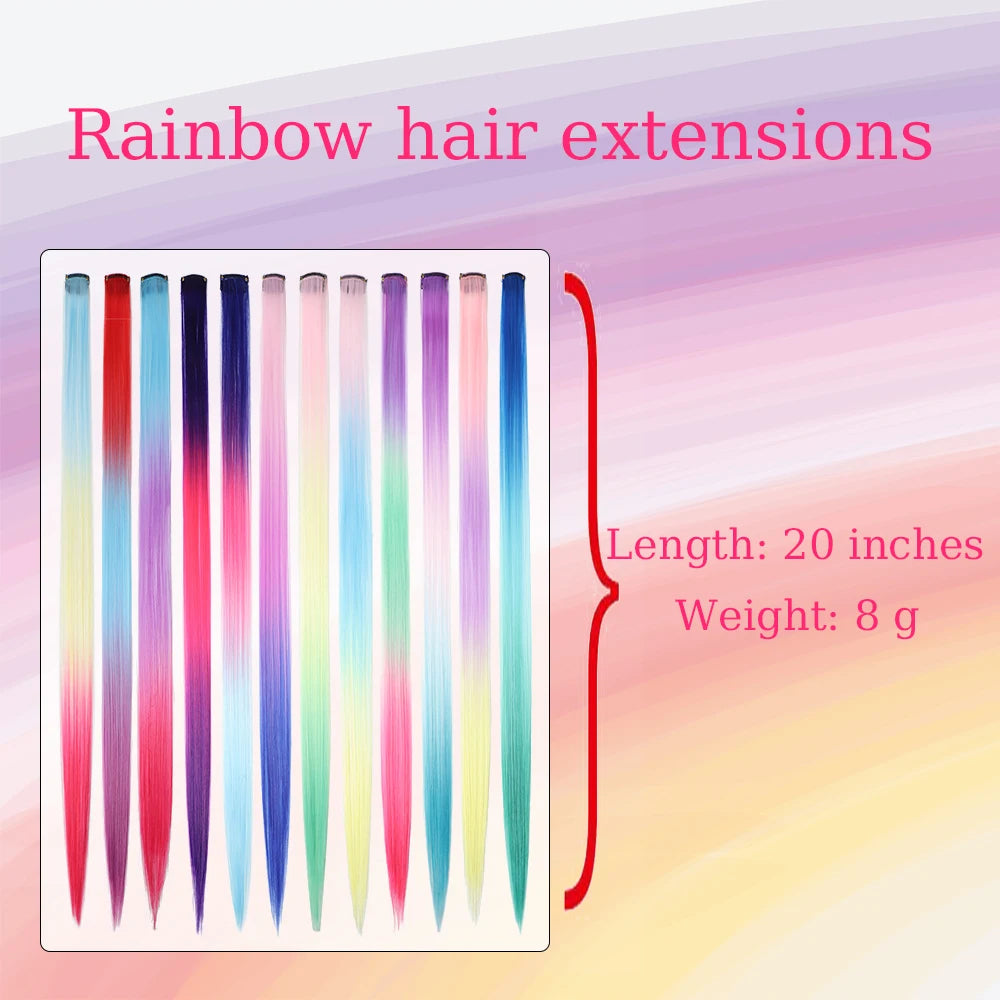 20 Inch Patchwork 3 Color Synthetic Single Clip Rainbow Color Hair Extensions 24 Color Hair Extensions for Girls Holiday Gifts