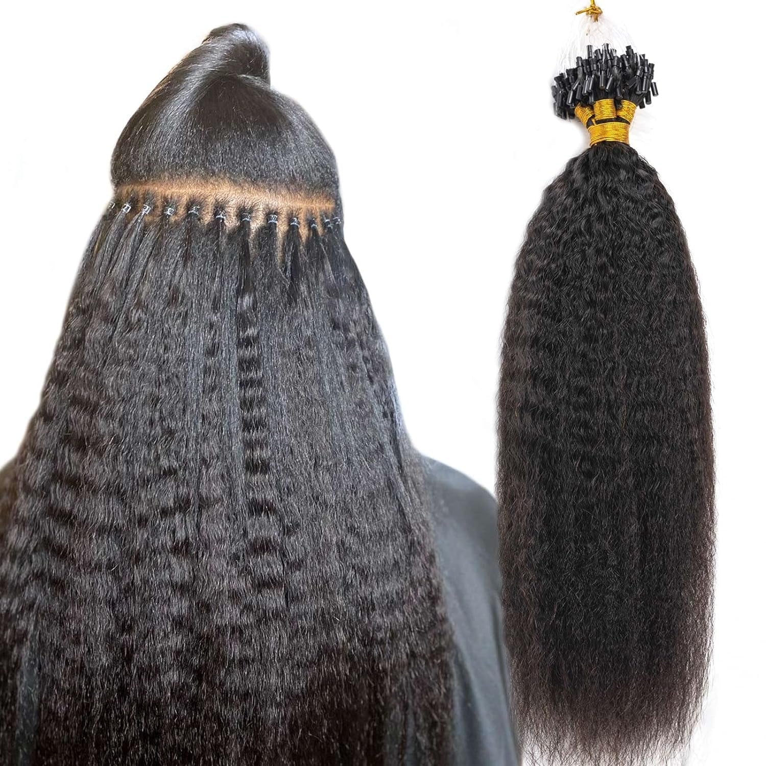 Niawigs Micro Links Human Hair for Black Women Kinky Straight Microlink Hair Extensions Human Hair 100 Strands Micro Loop Human Hair Extensions 14 Inches 85G Natural Black