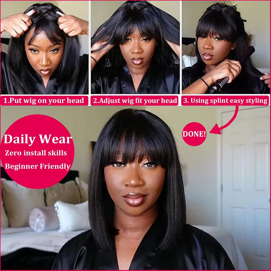 3X1 Middle Part Lace Wig Bob Wigs Full Machine Made Bone Straight Human Hair Wigs with Bangs Short Bob Human Hair Wigs for Women