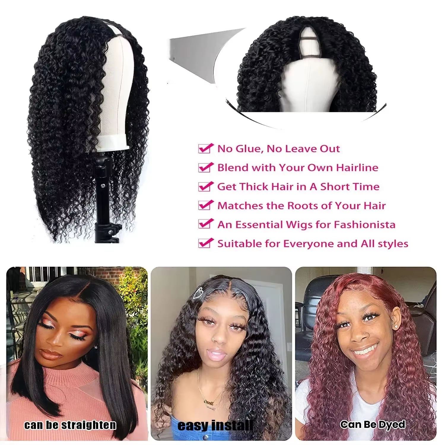 Kinky Curly V Part Wig Human Hair Deep Wave Glueless V Part Wigs Human Hair Black Water Wave Brazilian Human Hair Wigs for Women