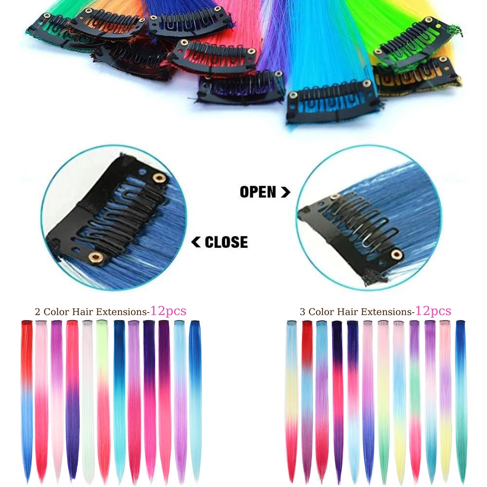 20 Inch Patchwork 3 Color Synthetic Single Clip Rainbow Color Hair Extensions 24 Color Hair Extensions for Girls Holiday Gifts