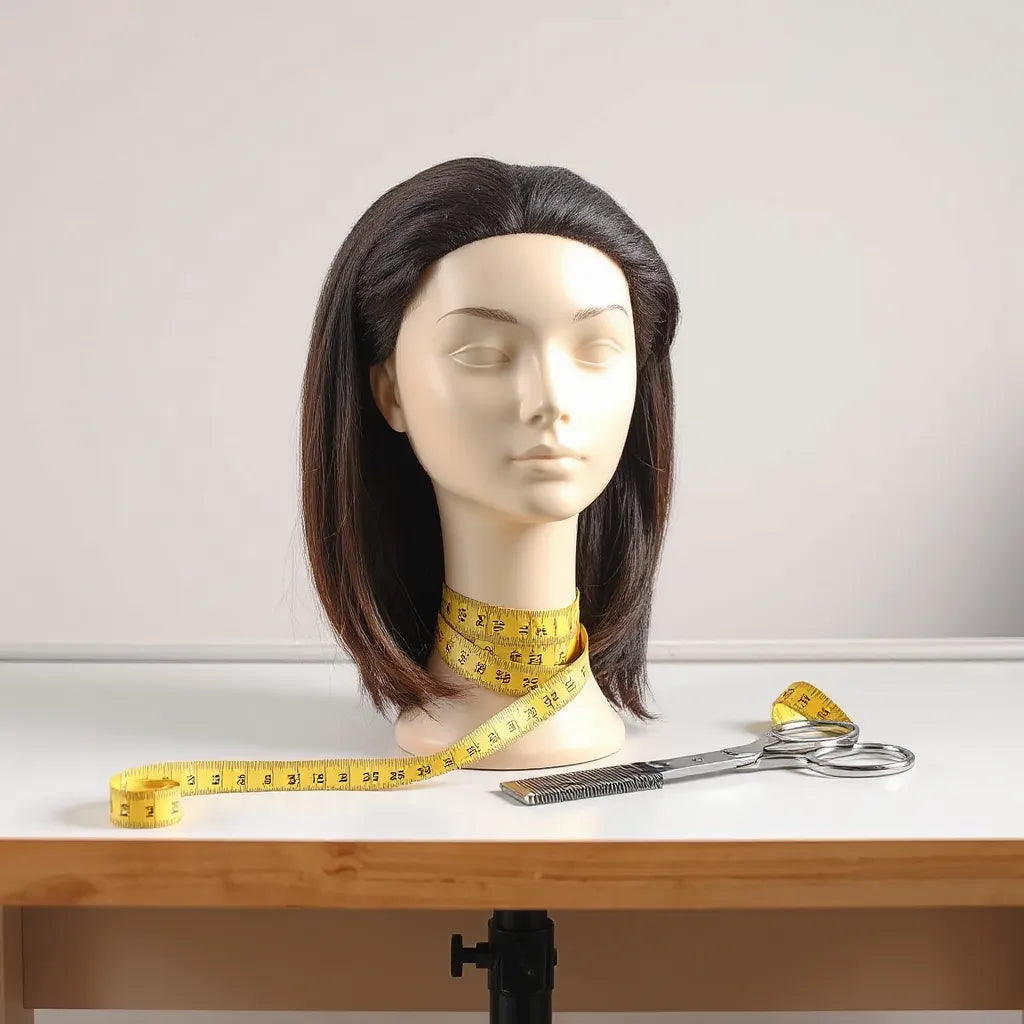 Mannequin head with a wig cap in progress, hair strands and measuring tape on a clean worktable
