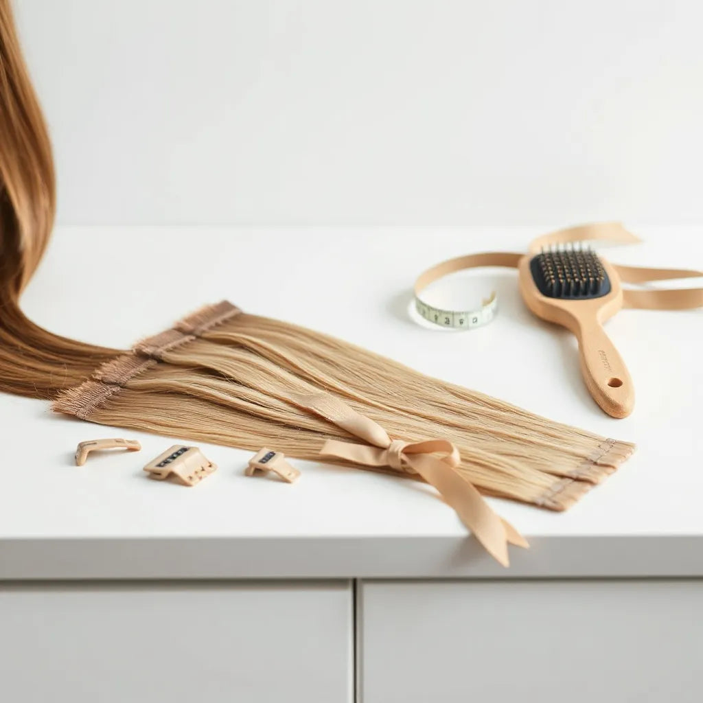 Lightweight hair extension kit with wefts and clips on a clean countertop beside a natural-looking blended hair section