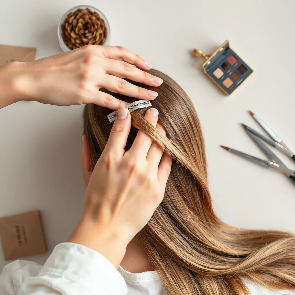 Hands applying tape-in extensions with hair smoothly blended near the roots under soft salon lighting