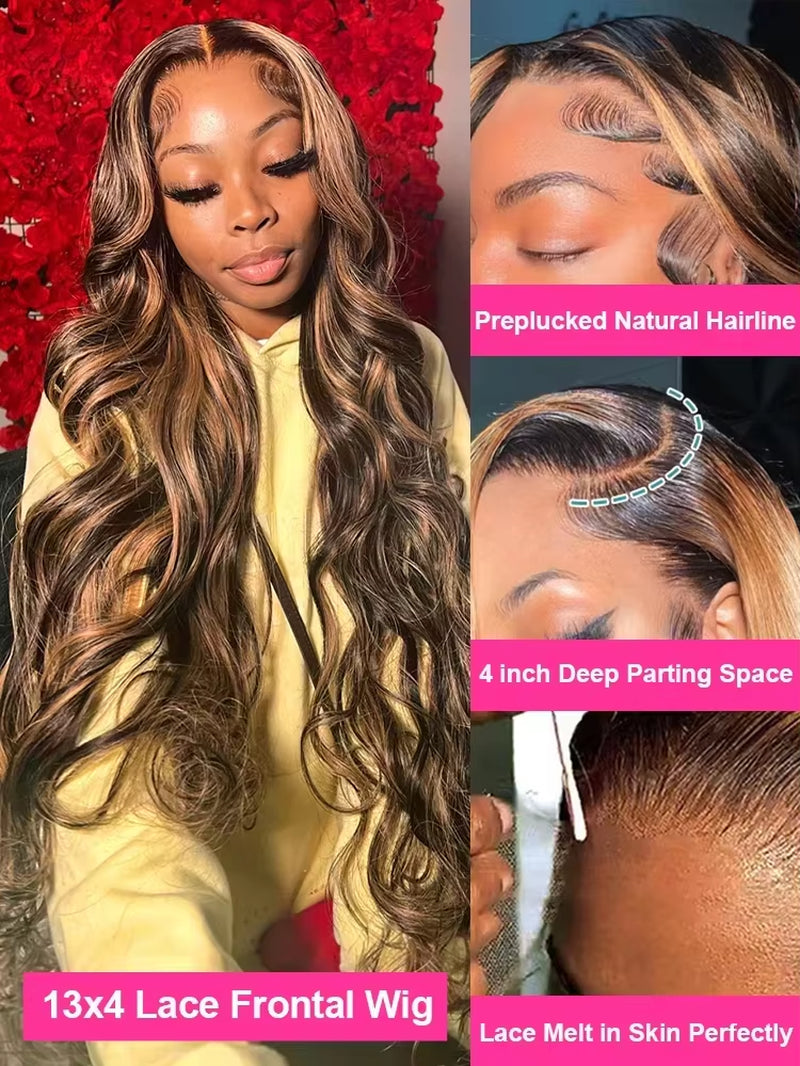 46 Inch Highlight Lace Front Human Hair Wigs 13X4 13X6 Body Wave Wigs HD Lace Frontal Wigs Pre Plucked with Baby Hair for Women