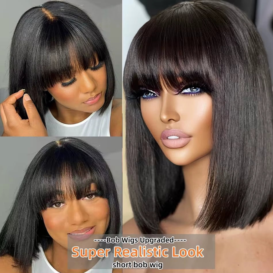 3X1 Middle Part Lace Wig Bob Wigs Full Machine Made Bone Straight Human Hair Wigs with Bangs Short Bob Human Hair Wigs for Women