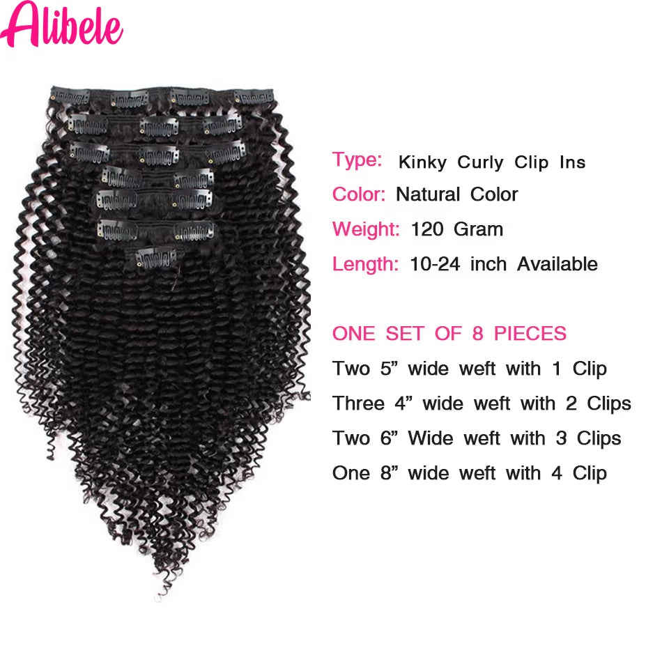 4B 4C Afro Kinky Culy Clips in Human Hair Extensions Brazilian Remy Hair Clips in 120G 8Pcs/Set 10-28 Inches for Women