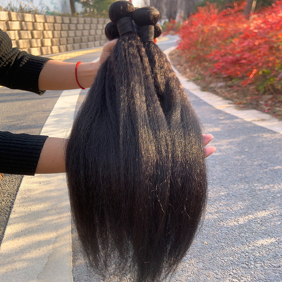 Relaxed Straight Human Hair Bundles - Brazilian Coarse Yaki Double Weft Extensions