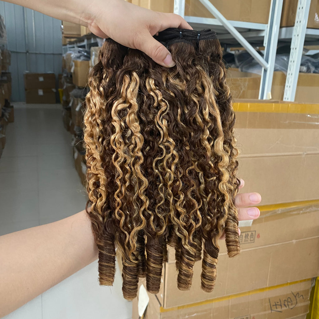 Honey Blonde Curly Hair Bundles - P4/27 Highlight Burmese Pixie Curls Raw Human Hair