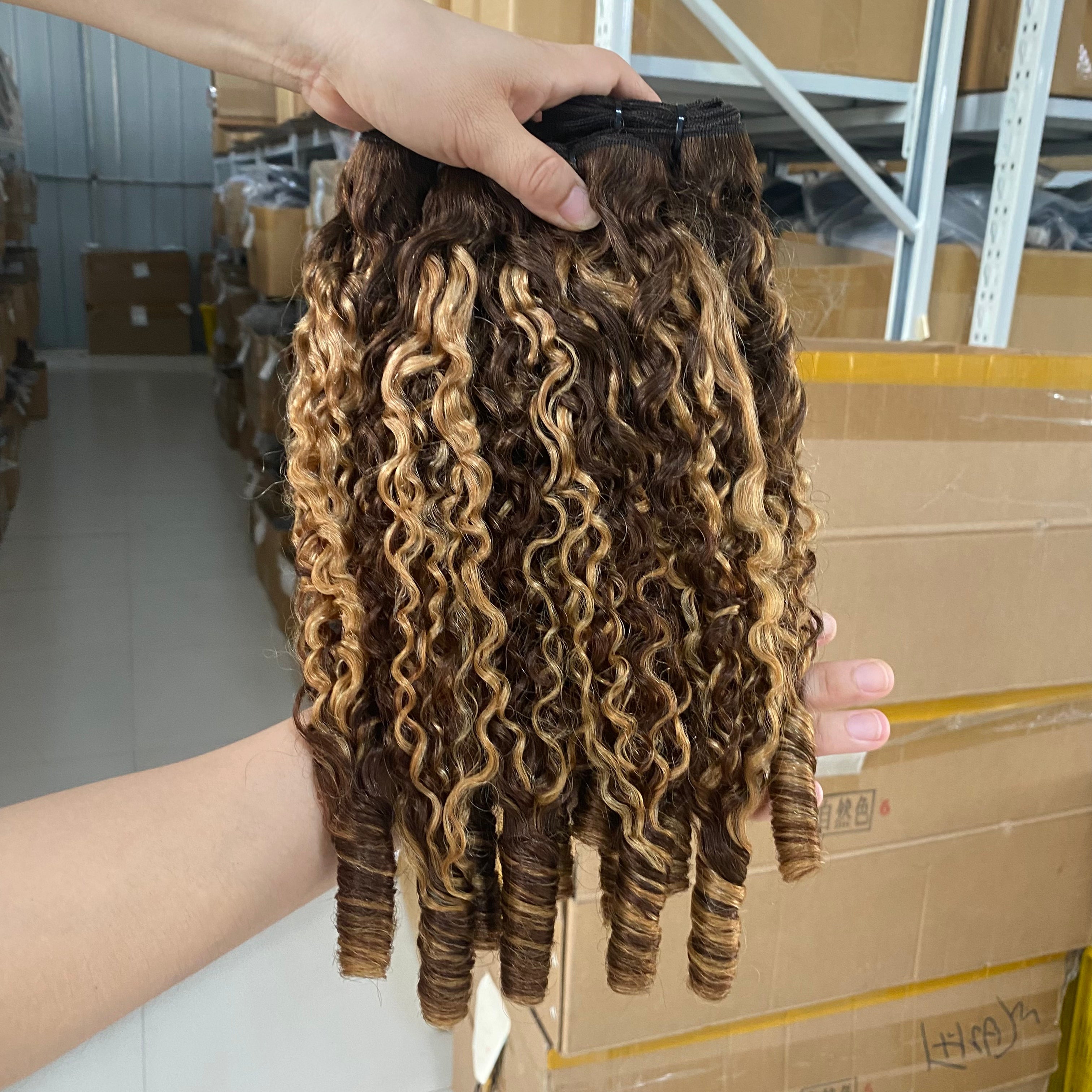 Honey Blonde Curly Hair Bundles - P4/27 Highlight Burmese Pixie Curls Raw Human Hair