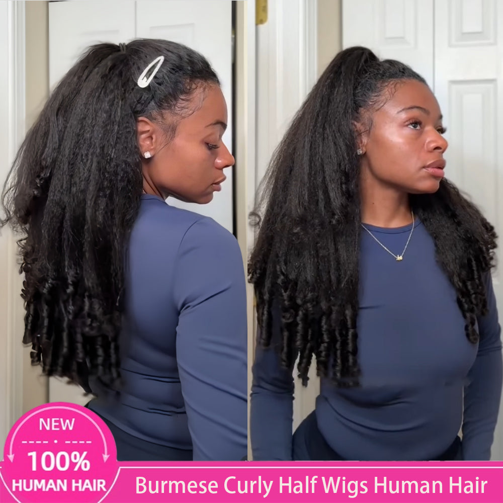 3-in-1 Kinky Straight Half Wig - Glueless Drawstring Human Hair with Spiral Curly Ends