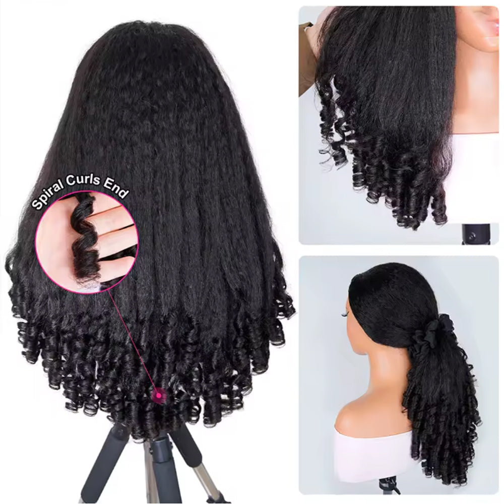 3-in-1 Kinky Straight Half Wig - Glueless Drawstring Human Hair with Spiral Curly Ends