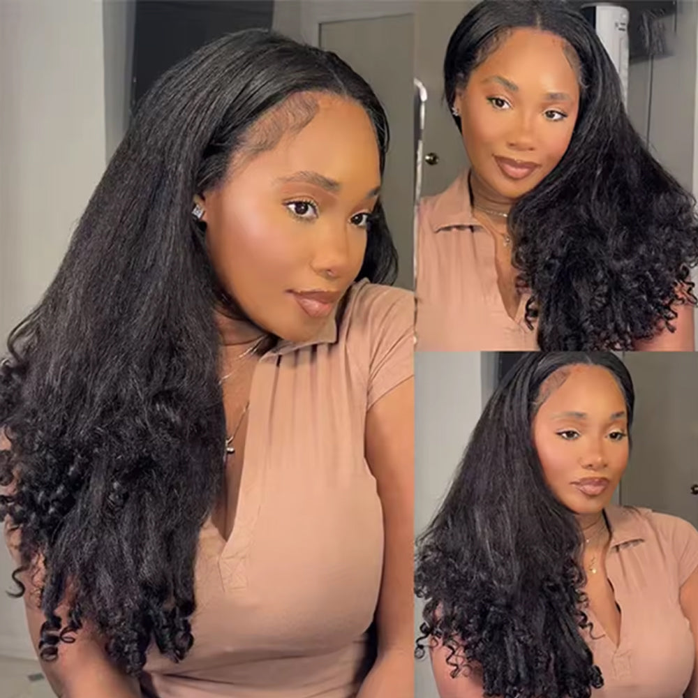 3-in-1 Kinky Straight Half Wig - Glueless Drawstring Human Hair with Spiral Curly Ends