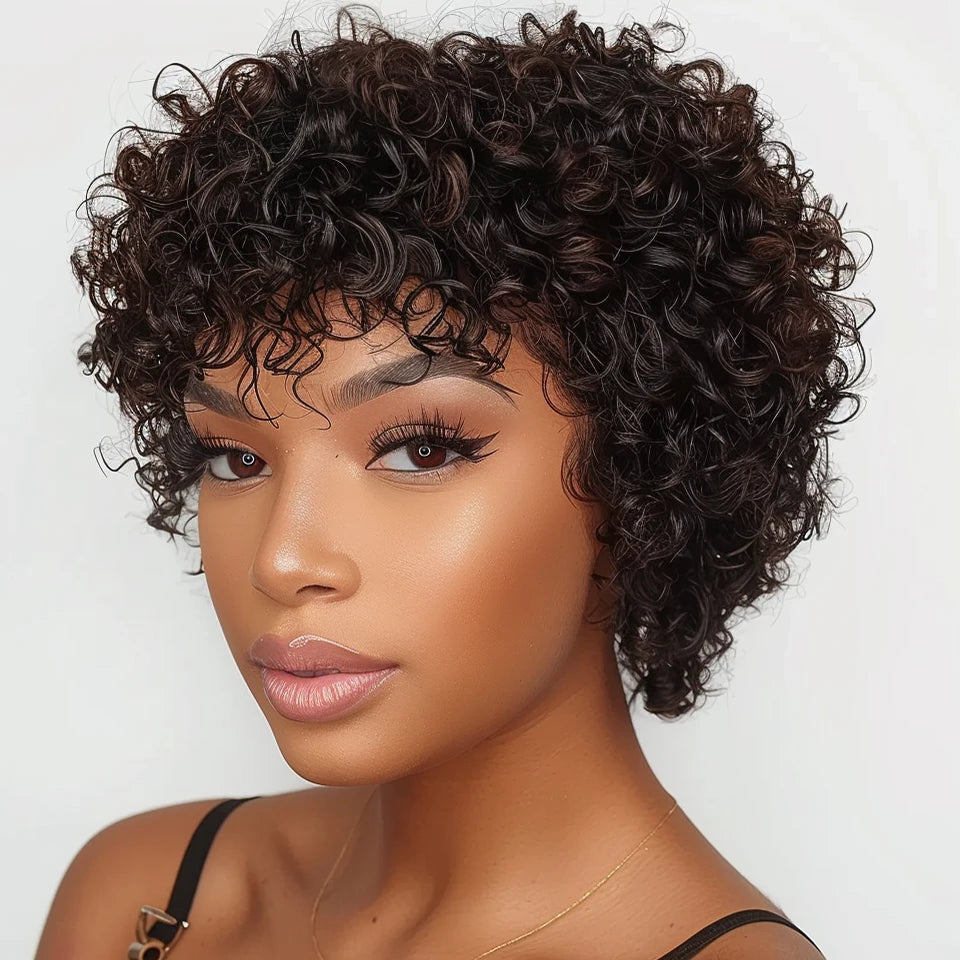 Brazilian Short Bob Pixie Kinky Curly Wig With Bangs | Human Hair | Natural & 99J