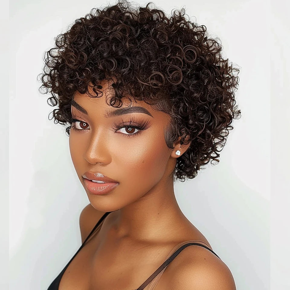 Brazilian Afro Kinky Curly Pixie Bob Wig with Bangs - 99J Burgundy Short Human Hair Wig