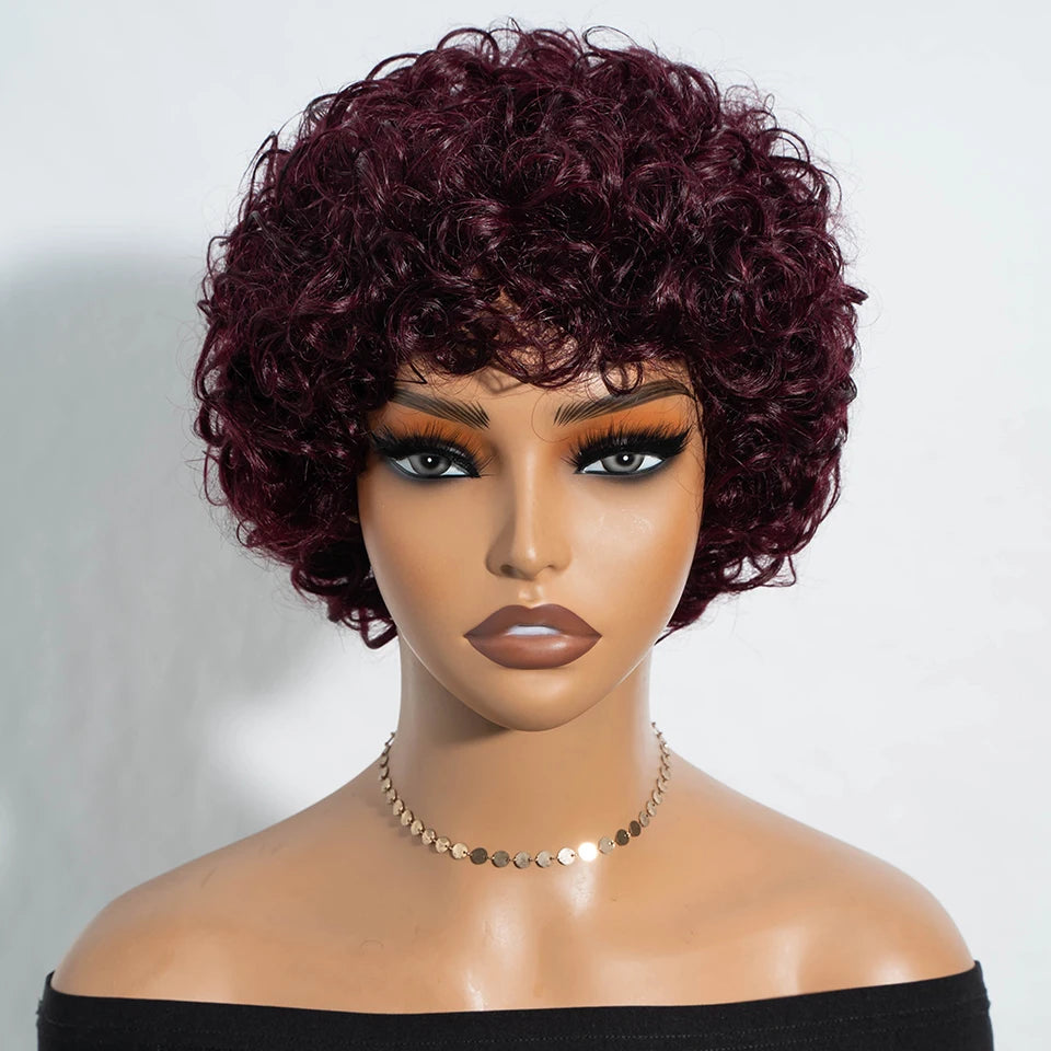Brazilian Afro Kinky Curly Pixie Bob Wig with Bangs - 99J Burgundy Short Human Hair Wig