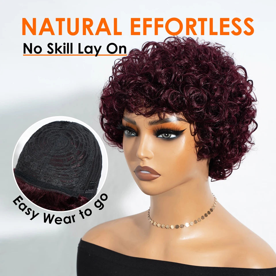 Brazilian Afro Kinky Curly Pixie Bob Wig with Bangs - 99J Burgundy Short Human Hair Wig