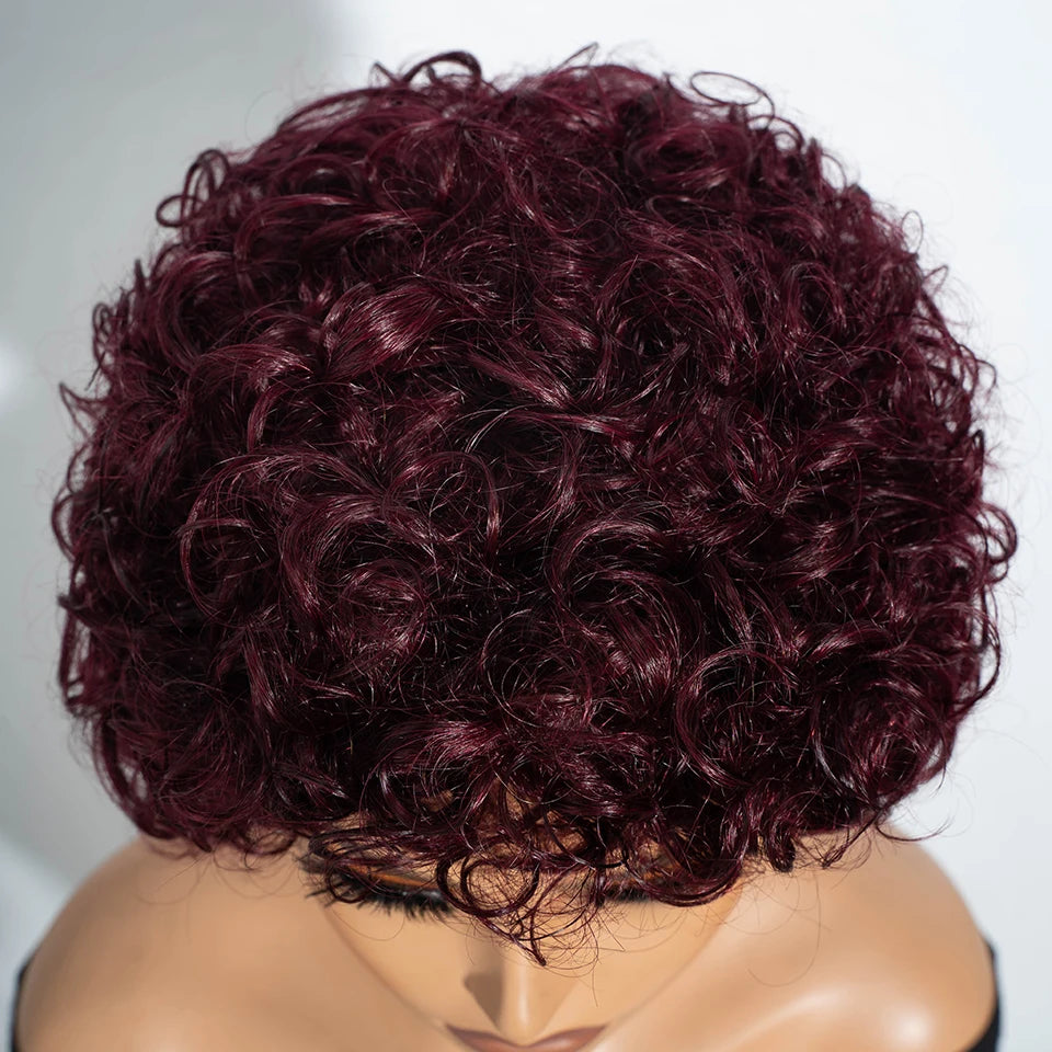 Brazilian Afro Kinky Curly Pixie Bob Wig with Bangs - 99J Burgundy Short Human Hair Wig