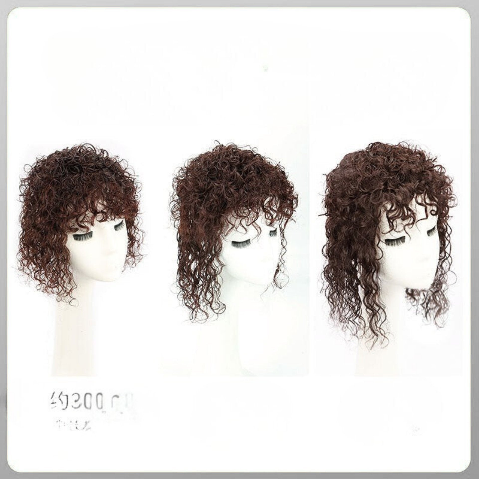 Three wigs of different lengths on mannequin heads with text indicating length in centimeters.