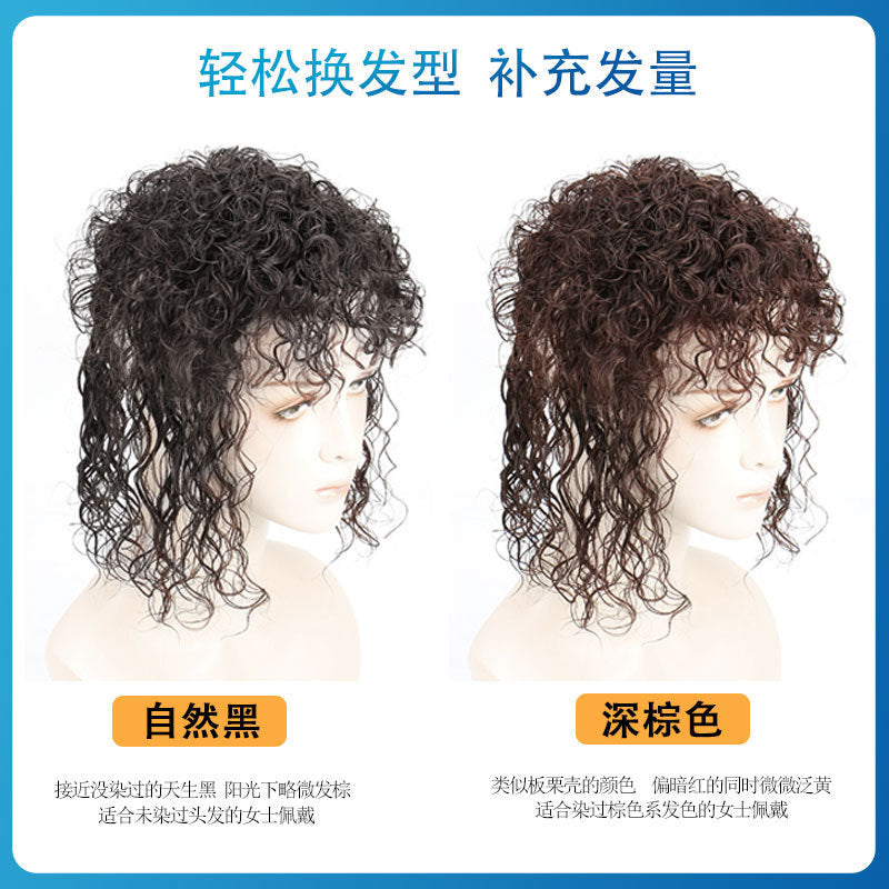 Two wigs on mannequins with text indicating color options and descriptions.