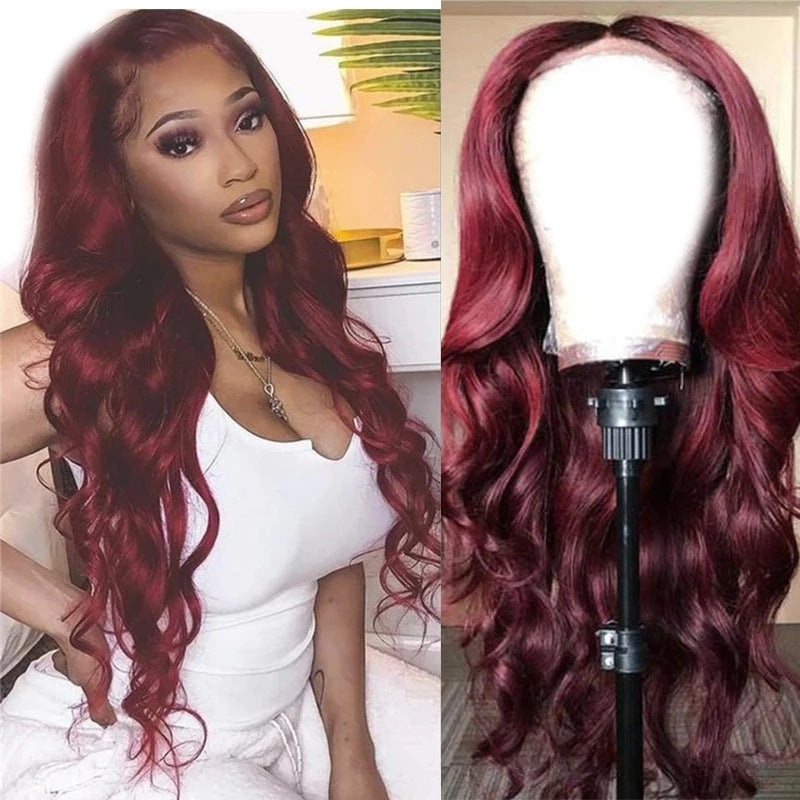 Red wig on a mannequin head and a person wearing it.