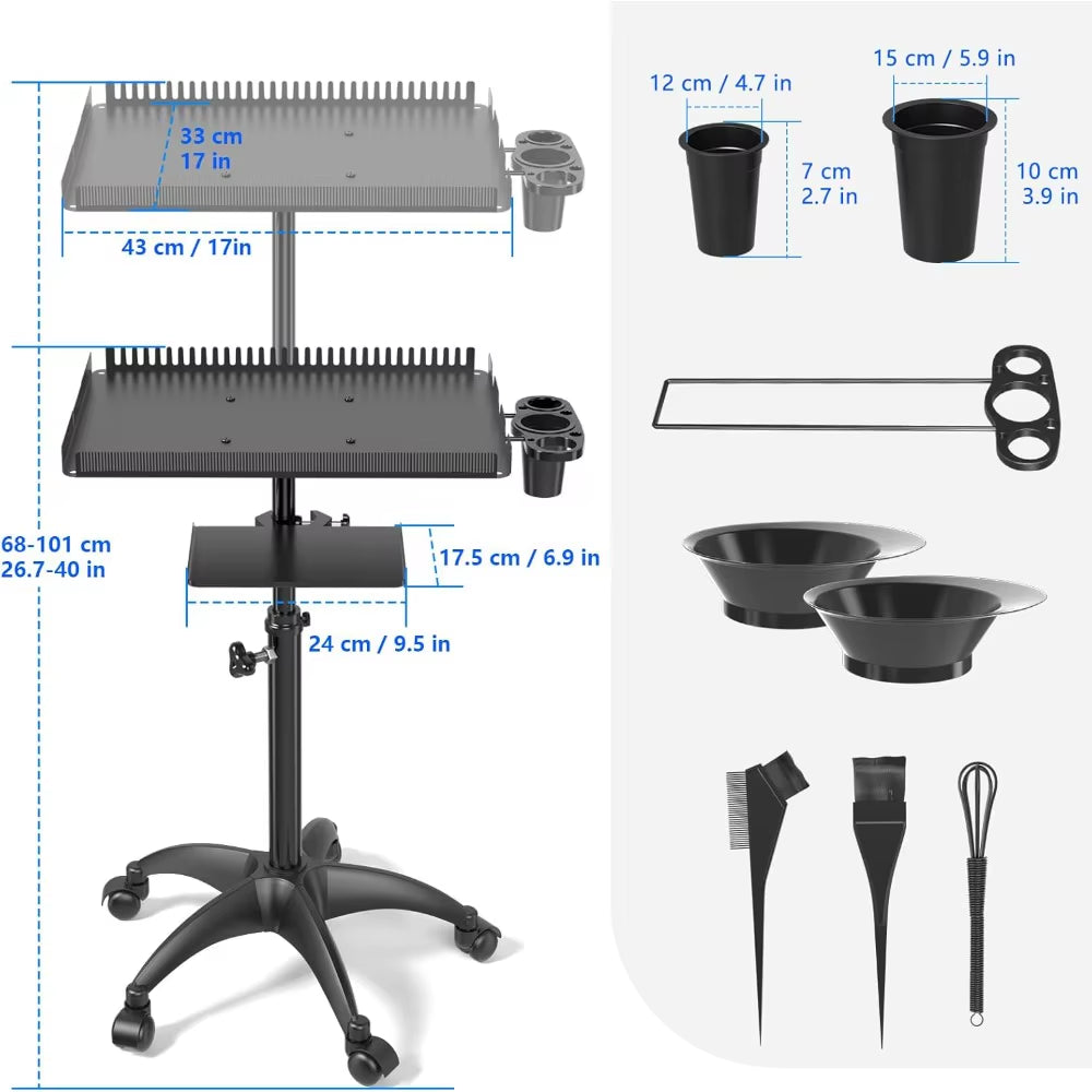 Upgraded Hairstylist Rolling Cart, Salon Trolley with Storage Platform and Hair Separator Stand, Coloring Tray with Dye Bowls
