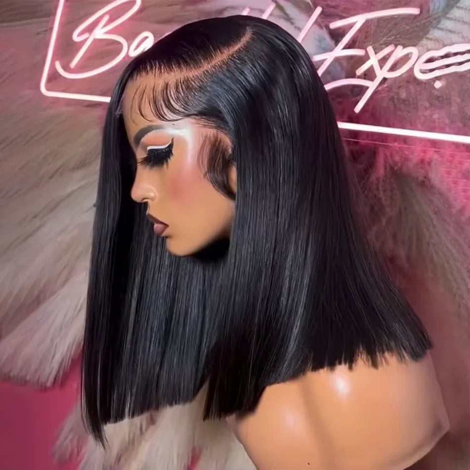 220% Density Bob Wigs Straight 100% Human Hair Lace Front Wigs 13X4 Bob Brazilian Remy Hair Pre-Plucked Lace Front Wigs 16 Inch