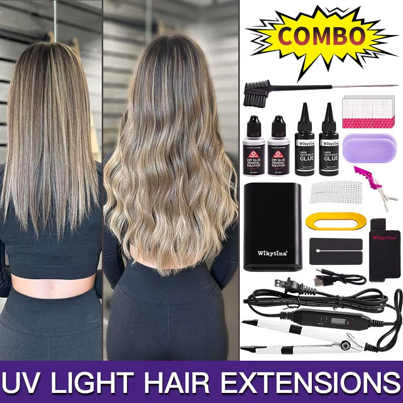 UV Light Hair Extension Kit 2025 with V Light Tools Glue and Curing Lighter for Professional Hair Extensions at Home or Salon