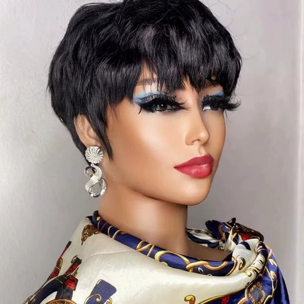 Brown Short Pixie Cut Wig Human Hair for Black Women Machine Made Wigs with Bangs Colored Brazilian Wig Human Hair Wigs