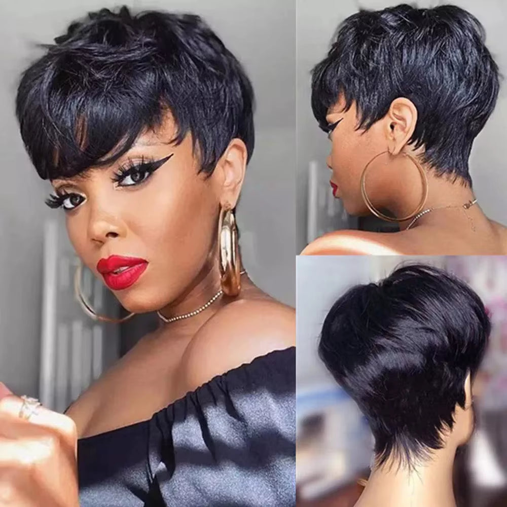 Short Pixie Cut Wig Human Hair for Black Women Machine Made Wigs with Bangs Short Wig Human Hair Wigs