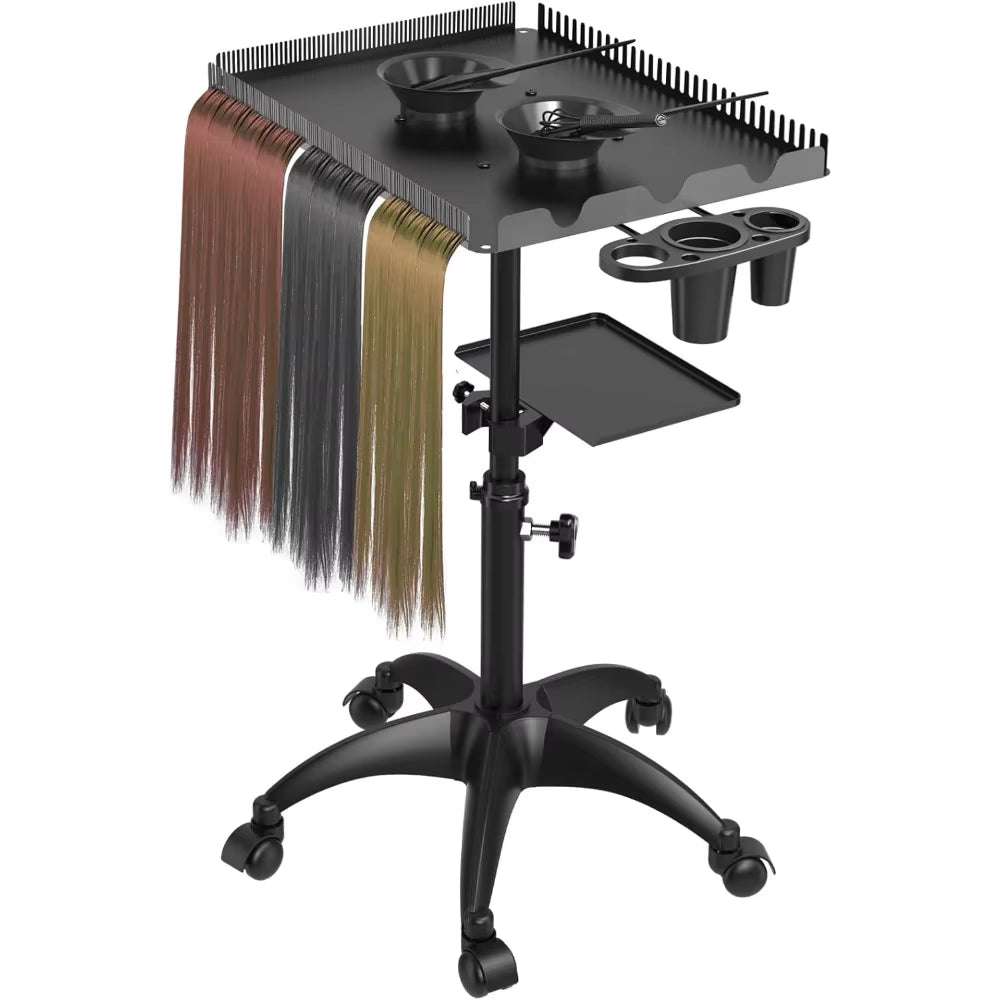 Upgraded Hairstylist Rolling Cart, Salon Trolley with Storage Platform and Hair Separator Stand, Coloring Tray with Dye Bowls