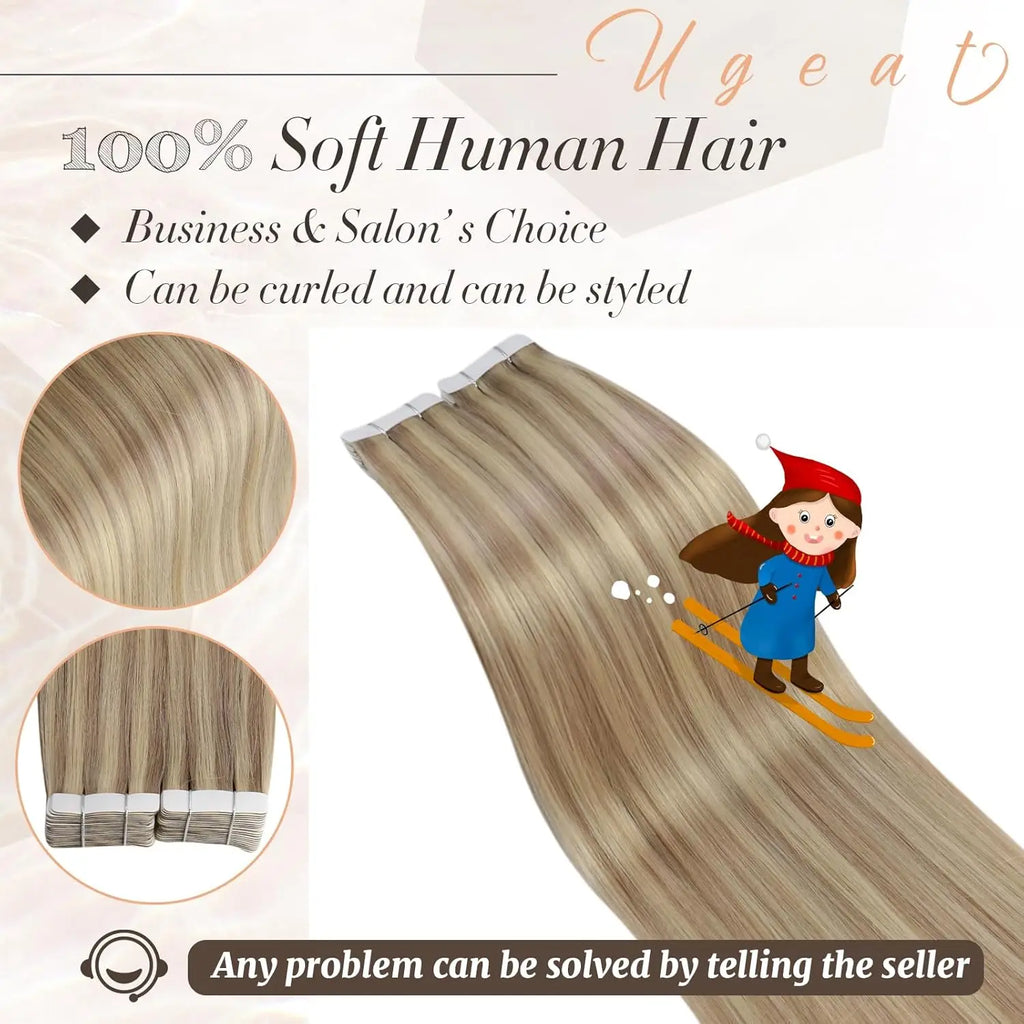 Tape in Hair Extensions Human Hair Blonde 20Inch Remy Tape in Human Hair Extensions Dark Ash Blonde Highlights Double Side