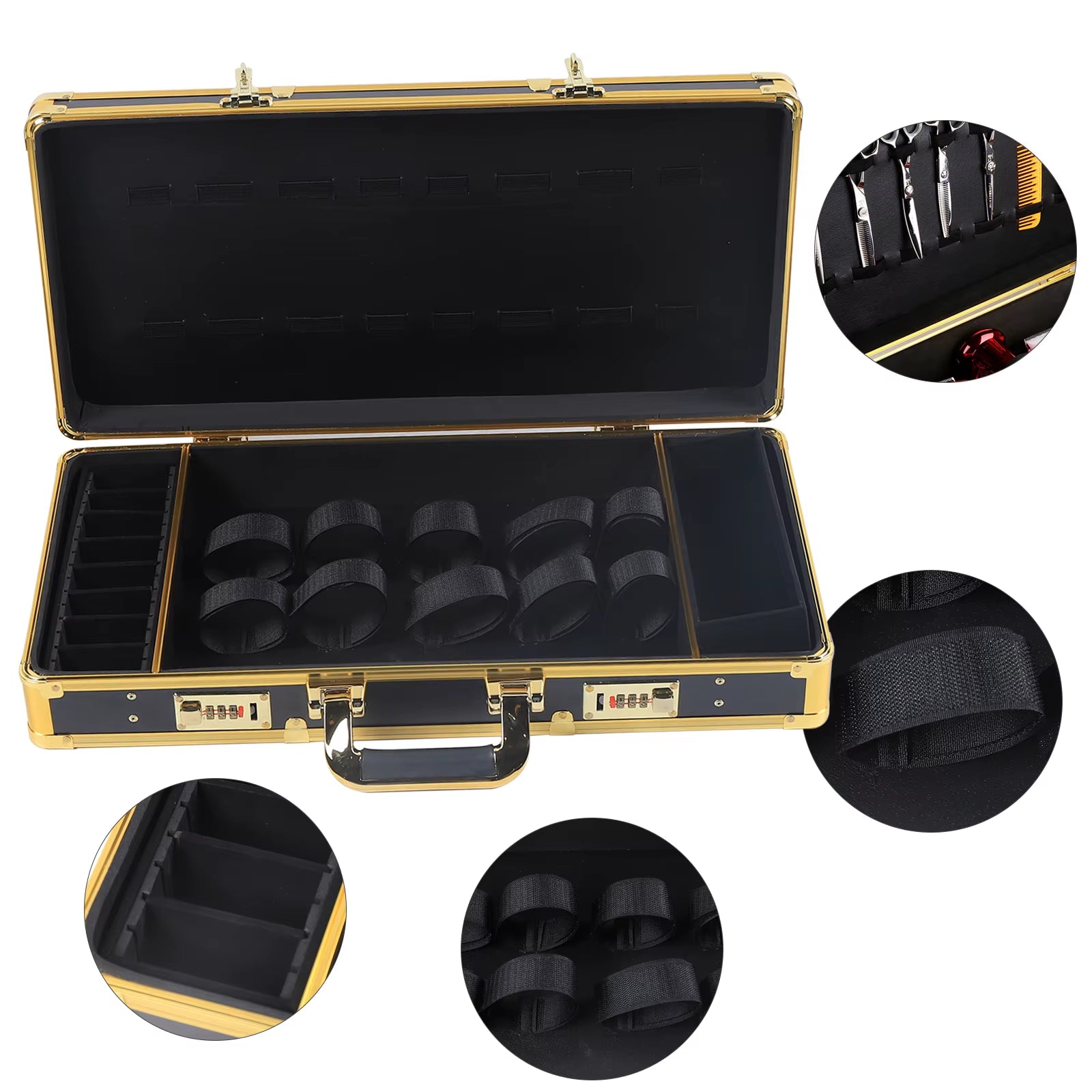 Barber Case Organizer, High-Quality Aluminum Alloy and Fireproof Panel, Three Compartments for Scissors and Hair Tools,