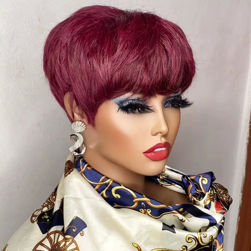Brown Short Pixie Cut Wig Human Hair for Black Women Machine Made Wigs with Bangs Colored Brazilian Wig Human Hair Wigs