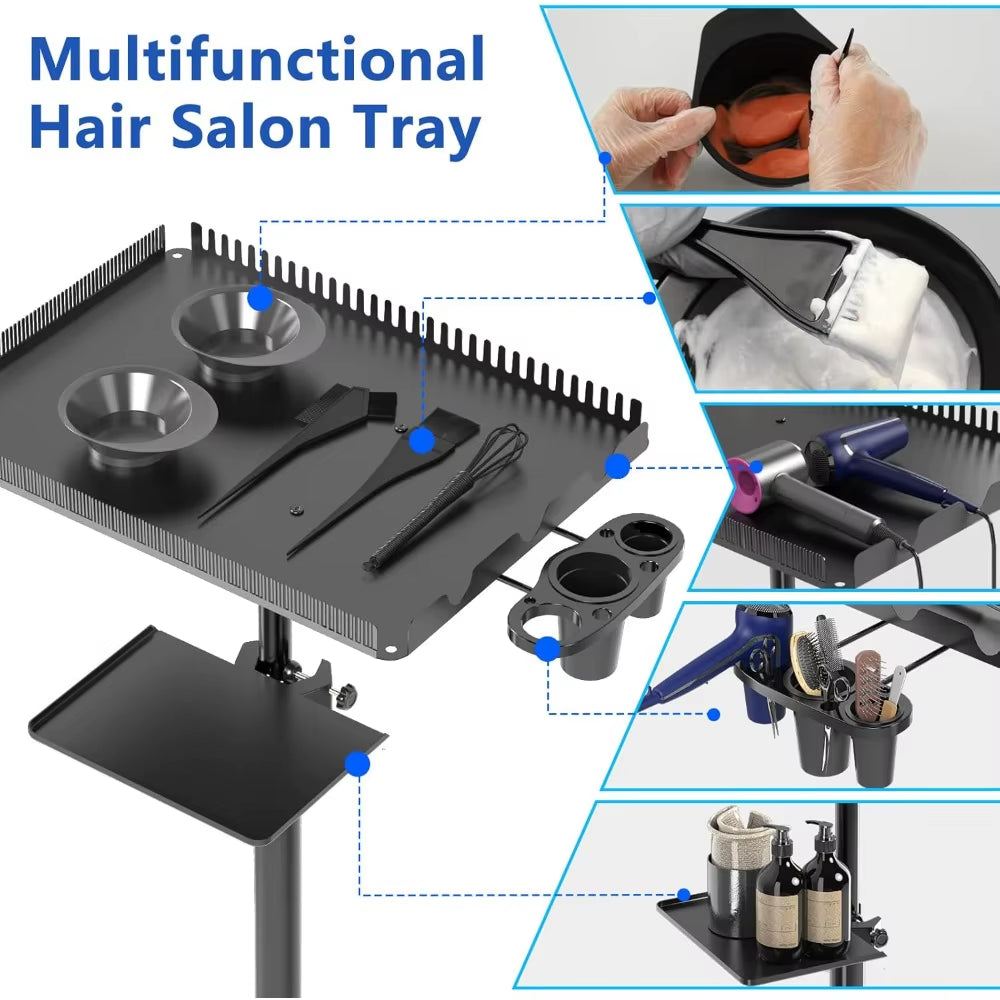 Upgraded Hairstylist Rolling Cart, Salon Trolley with Storage Platform and Hair Separator Stand, Coloring Tray with Dye Bowls