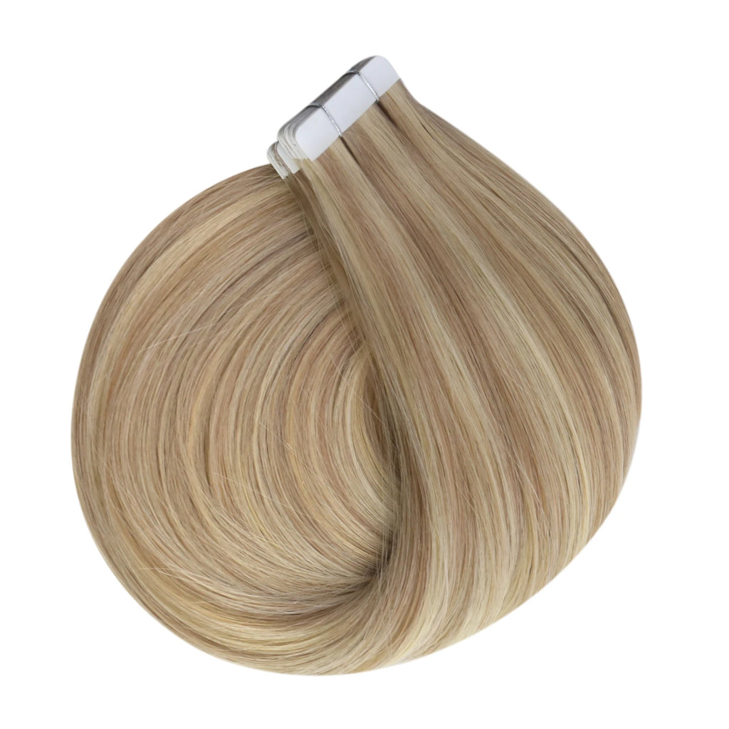 Tape in Hair Extensions Human Hair Blonde 20Inch Remy Tape in Human Hair Extensions Dark Ash Blonde Highlights Double Side