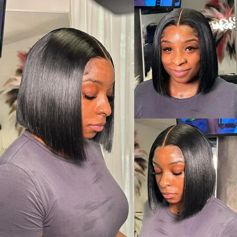 220% Density Bob Wigs Straight 100% Human Hair Lace Front Wigs 13X4 Bob Brazilian Remy Hair Pre-Plucked Lace Front Wigs 16 Inch