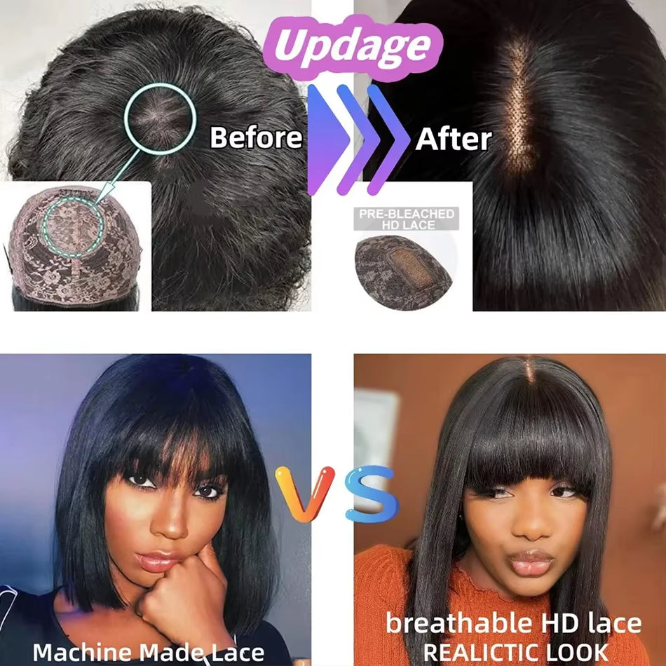 3X1 Middle Part Lace Wig Bob Wigs Full Machine Made Bone Straight Human Hair Wigs with Bangs Short Bob Human Hair Wigs for Women