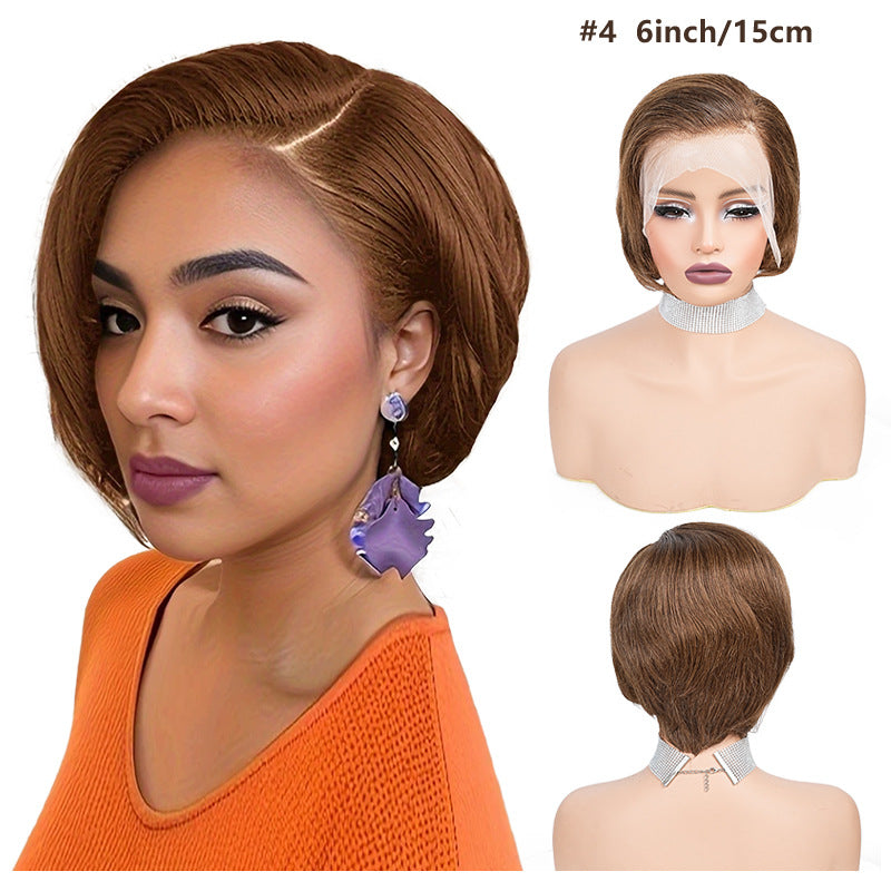 Brown wig on a mannequin head with measurements displayed