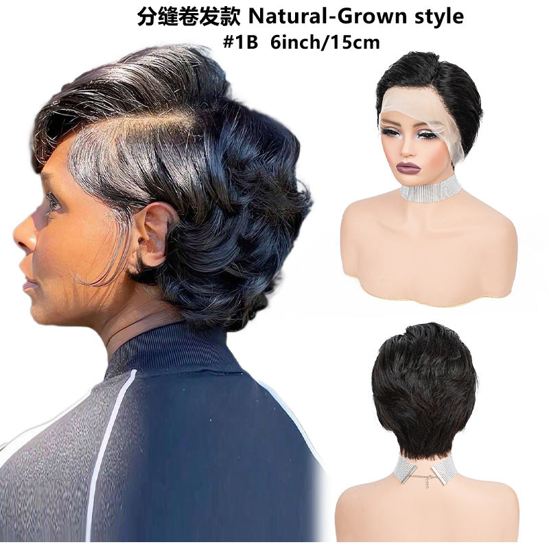 Short black human hair styled in a soft style with a mannequin head 